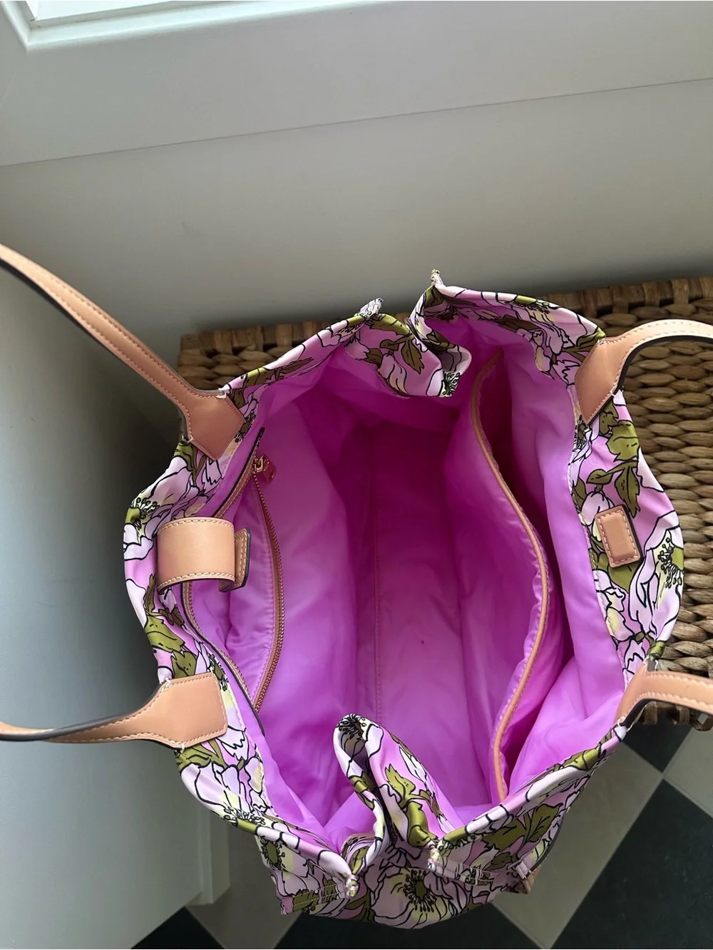 Tory Burch Pink Floral Tote with Tan Leather Accents